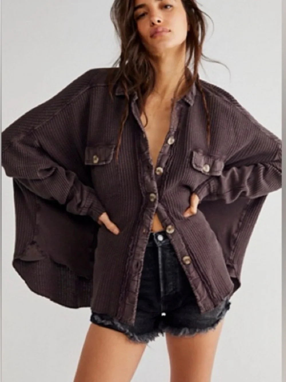 Free People Oversized Thermal Knit Button-Down Shirt Shacket in Brown size med - Picture 1 of 3